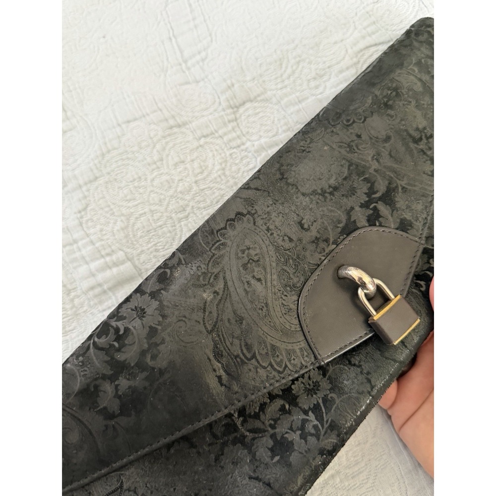 Miss Mak Vintage 90s Boho Y2K Black Leather Padlock Paisley Chain Clutch Bag - Picture 3 of 10